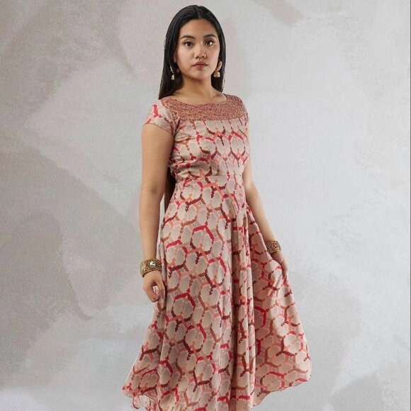 Chic Cream and Red Printed Silk Dress for Women | Muvvas Boutique - Picture 2 of 4